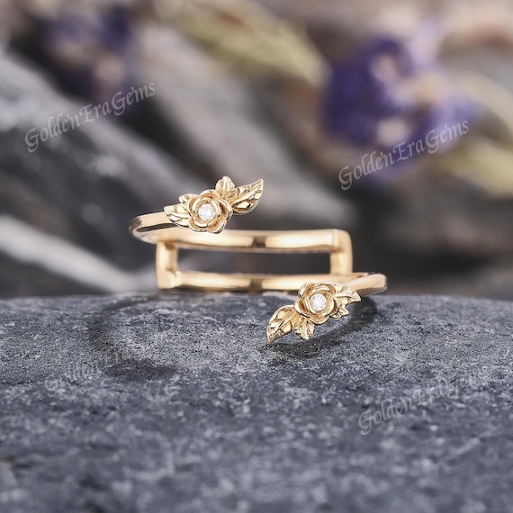 Nature Inspired Moissanite Double Curved Wedding Band Gold Flower