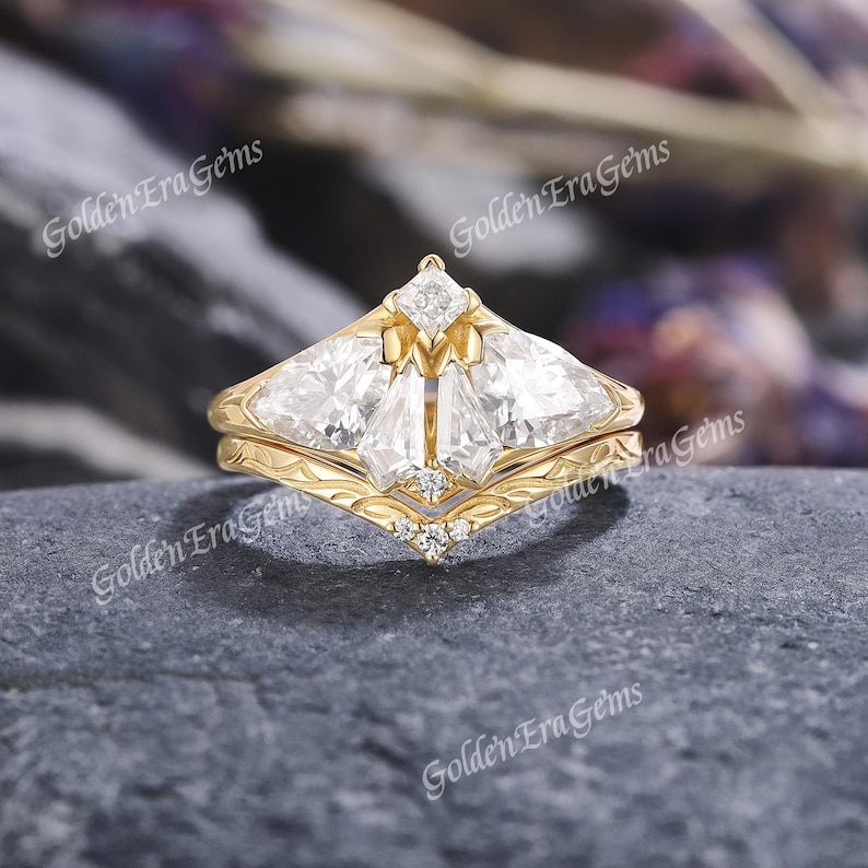 Gothic Moth Moissanite Wedding Ring Set Engraved Curved Wedding Band ...