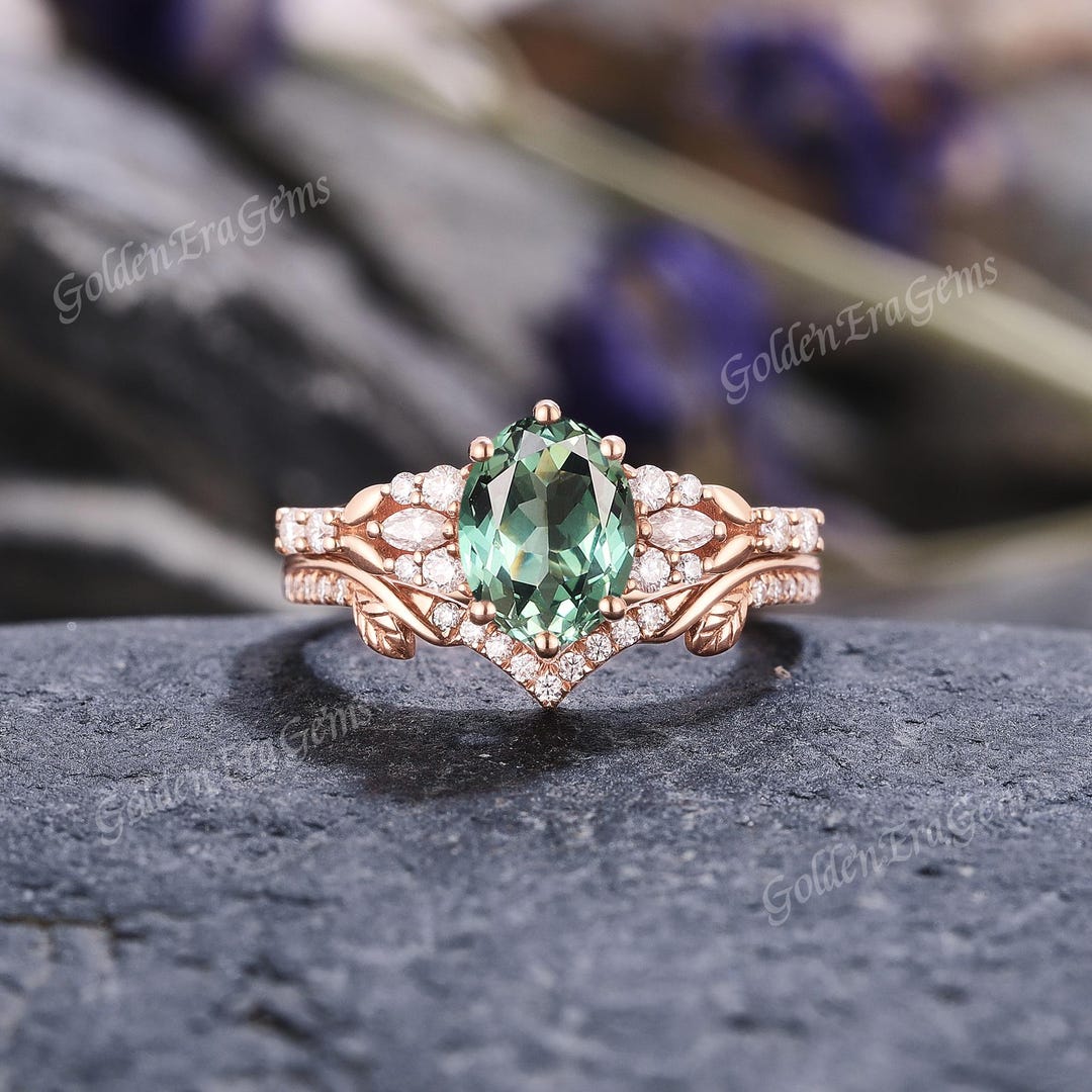 Art Deco Green Sapphire Engagement Ring Set Unique Leaf Wedding Rings ...