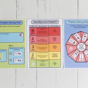 May include: Three colourful printable worksheets for problem solving. The first worksheet is titled "My Problem Solving Plan" and has two steps. The second worksheet is titled "How Big is My Problem?" and has a scale of 1 to 5. The third worksheet is titled "Problem Solving Strategies" and has a wheel with different strategies to help solve problems.