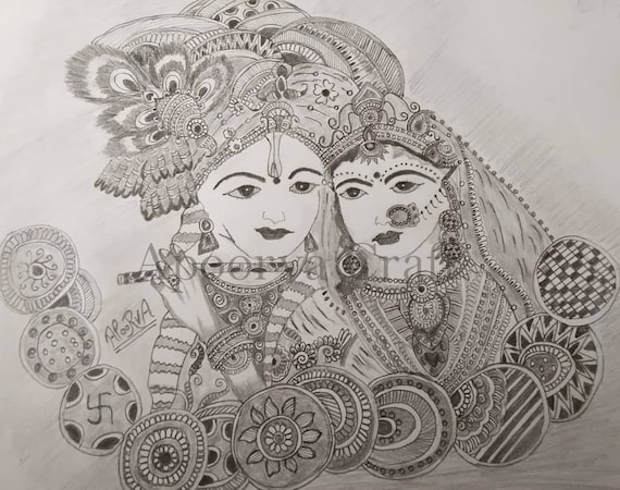 Classic Pencil Sketch Of Radha Krishna - Desi Painters