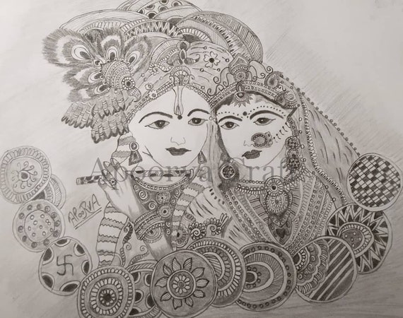 Classic Pencil Sketch Of Radha Krishna - Desi Painters