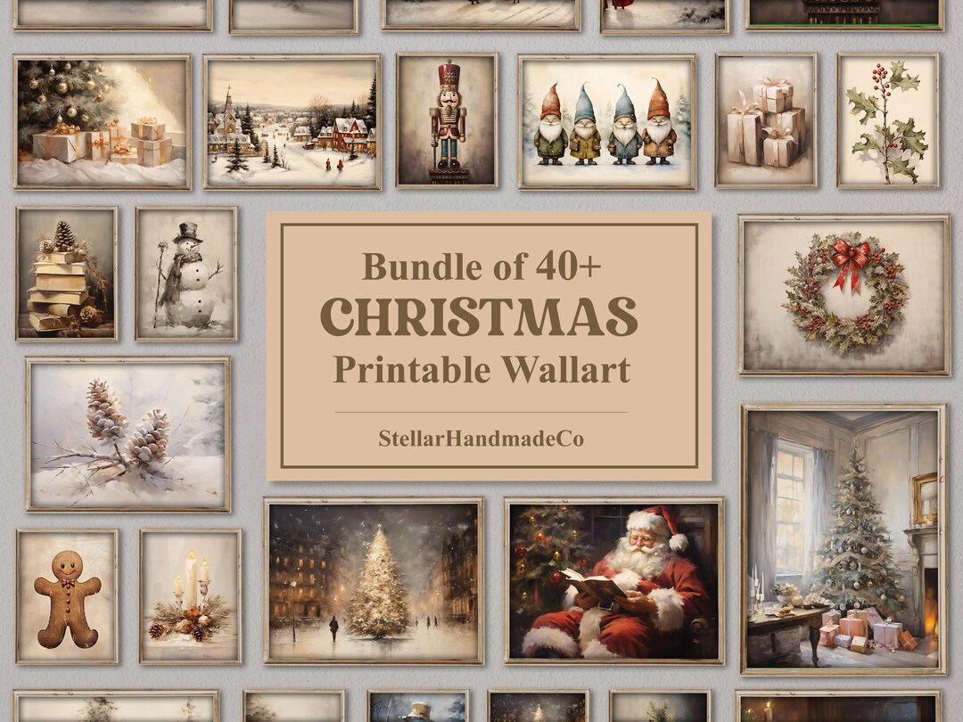 Vintage Christmas Print Set, Winter Gallery Wall, 40 Christmas Prints