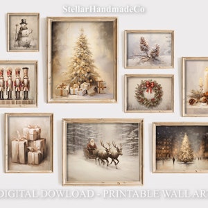 Vintage Christmas Winter Print Set, 10+ Christmas Prints, Rustic Wall Decor Gallery Wall, Xmas Printable Wall Art Download SET011