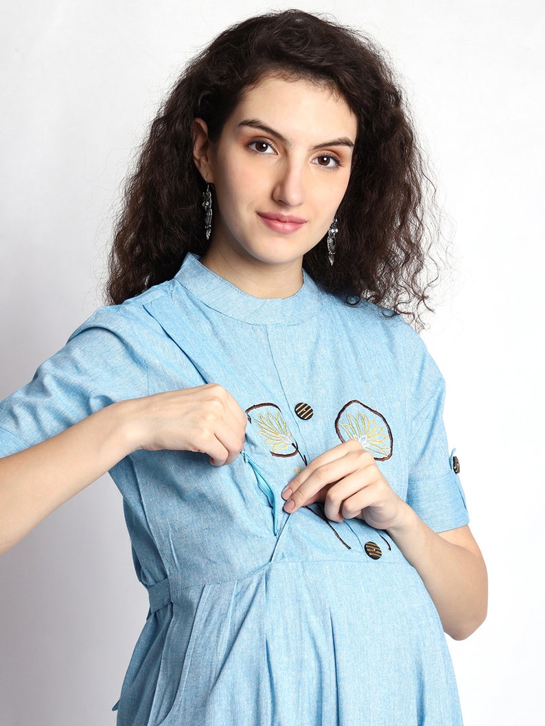 Blue Solid Color Women Maternity Dress Collar Neck With Zipper Dress