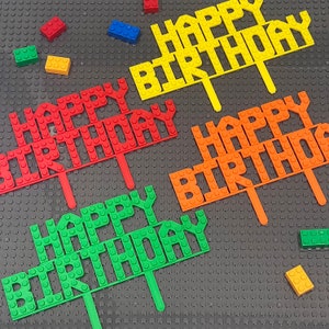 Happy Birthday Cake Topper - Birthday Sign Cake Topper - Building Bricks - Cake Sign - Party cake topper - Birthday Decoration - Cake Topper