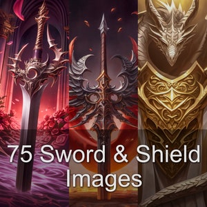 75 imagens de espadas e escudos - TCG, DnD, coleção de retratos de imagens de RPG para Dungeon Master, Game Master e Storyteller