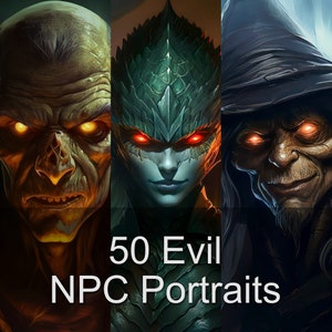May include: A collage of three fantasy portraits of evil characters with glowing red eyes. The characters are a green-skinned humanoid with a horned helmet, a green-skinned humanoid with a scaly face, and a hooded figure with a long beard. The text "50 Evil NPC Portraits" is at the bottom of the image.