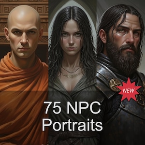 Peut inclure: Illustration numérique de trois portraits de personnages : un homme chauve en robe orange, une femme aux longs cheveux noirs et un homme barbu en armure. Le texte "75 NPC Portraits" est affiché. Une étoile rouge avec "NEW" est à droite.