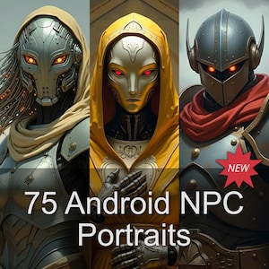 Pode incluir: Arte digital com três retratos de androides com olhos vermelhos brilhantes. Os androides usam armaduras e capuzes prateados, amarelos e cinzentos. O texto "75 Android NPC Portraits" é exibido na parte inferior. Um adesivo vermelho "NOVO" está no canto.