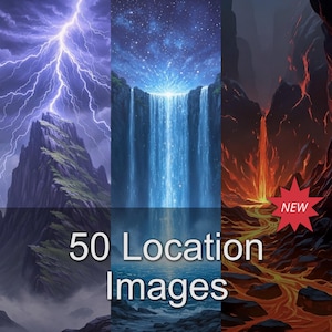 Op de afbeelding: Een digitale kunstcompilatie met drie verschillende landschapsbeelden. Eén toont een berg met bliksem, een ander een waterval onder een sterrenhemel en de derde een vulkanisch landschap. De tekst "50 Location Images" wordt weergegeven.