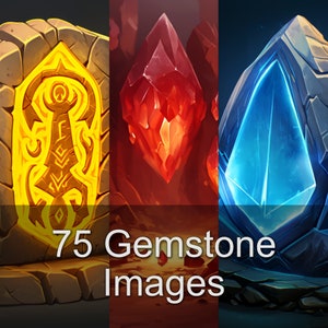Könnte beinhalten: Ein Bild mit drei stilisierten Edelstein-Illustrationen. Links ein goldenes Design, in der Mitte ein roter Kristall und rechts ein blauer Kristall. Der Text "75 Gemstone Images" ist unten zu sehen.