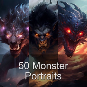 Puede incluir: Tres retratos de monstruos con ojos rojos brillantes. El primero es una criatura parecida a un lobo con pelaje azul, el segundo es un hombre lobo con pelaje negro y el tercero es una criatura parecida a un dragón con escamas negras. El texto "50 Monster Portraits" está debajo de las imágenes.