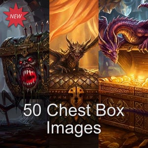 May include: Digital art featuring three fantasy chest box images. One chest has a monster face, another has a dragon, and the third is filled with gold coins. The text "50 Chest Box Images" is displayed.