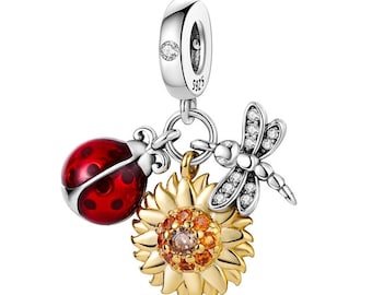 ladybug and flower charm 925 sterling silver for Pandora bracelet, dragonfly charm