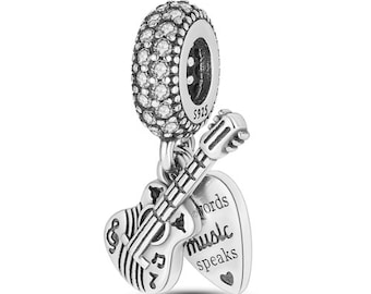 Silver guitar charm 925 sterling silver for bracelet and pendant