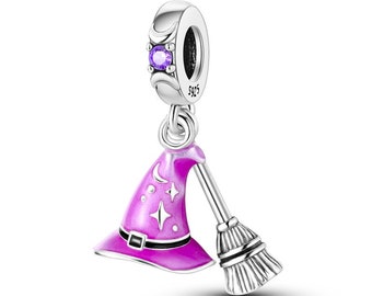 Witcher hat and broom charm for bracelet, 925 sterling silver, Halloween charm