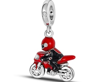 Charm de moto con piloto apto para pulsera Pandora de plata de ley 925