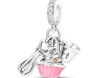 cake making charm for bracelet, 925 sterling silver, pink cake charm