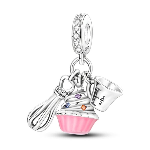 Kuchen backen Anhänger für Armband, 925 Sterling Silber, rosa Kuchen Charm