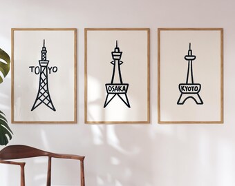 Japan Stadtbild Kunstdruck Set, Tokyo Osaka Kyoto Towers (Digitaler Download)