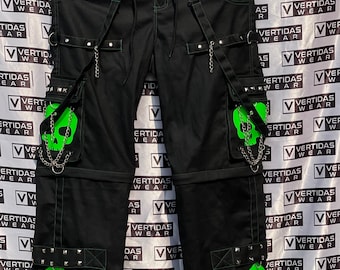 Handmade Unisex Gothic Pant/Goth Jeans Super Green Skull Cyber Rock Black Cotton Trousers