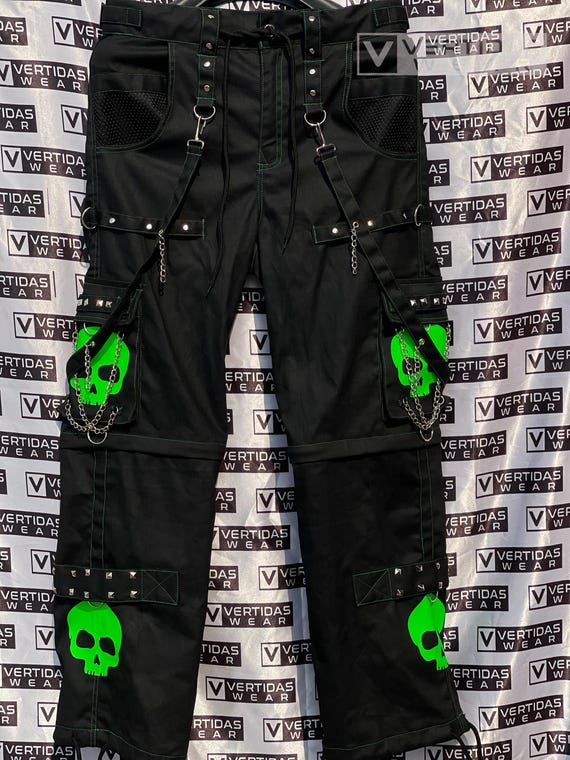 Handmade Unisex Gothic Pant/Goth Jeans Super Green Skull Cyber Rock Black Cotton Trousers