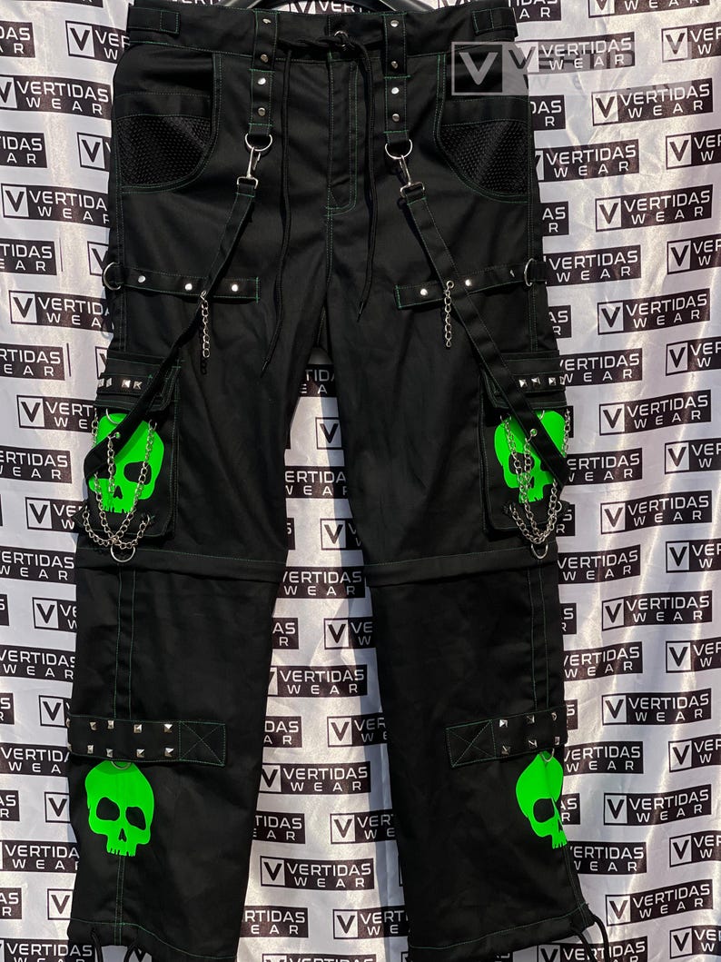 Handmade Unisex Gothic Pant/Goth Jeans Super Green Skull Cyber Rock Black Cotton Trousers image 1