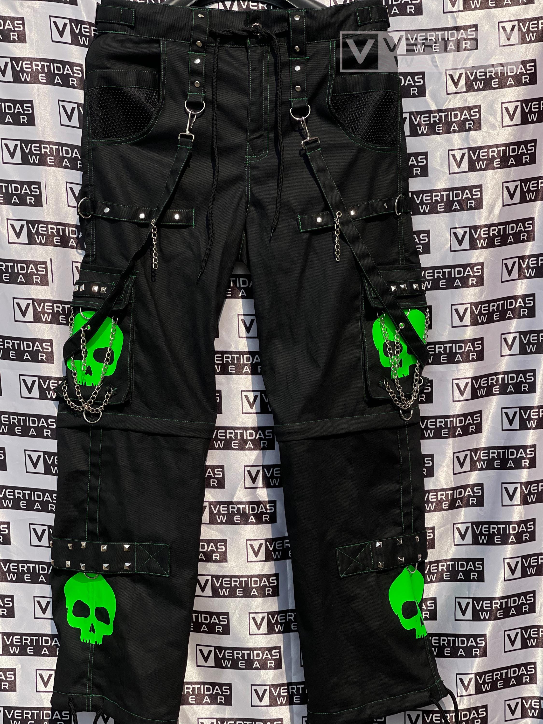 Handmade Unisex Gothic Pant/Goth Jeans Super Green Skull Cyber Rock Black Cotton Trousers