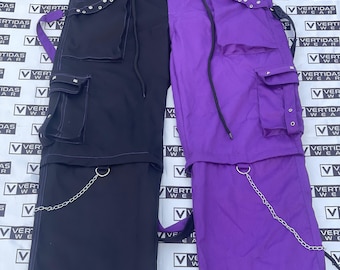 Two-Tone Gothic Cargo Pants: Black & Purple Cyberpunk Trousers