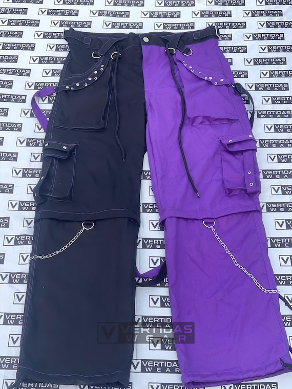 Two-Tone Gothic Cargo Pants: Black & Purple Cyberpunk Trousers