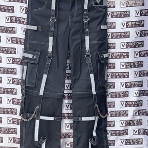 Handmade Unisex Fashion Gothic Reflector Tape Pant/Goth Jeans with Chains Punk Cyber Chain Rock Black Cotton Trousers
