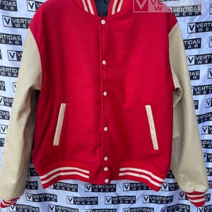 Handmade Custom Varsity Jacket- Personalized Letterman Jacket with Red Wool And Cream Leather Arms High School & college style Bomber Jacket