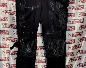 Pantalones góticos tecnológicos hechos a mano: pantalones cyberpunk unisex utilitarios con tirantes, vaqueros ajustados.