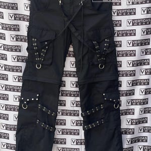Gothic Metalwork Cargo Pants, Strapped Unisex Cotton Trousers