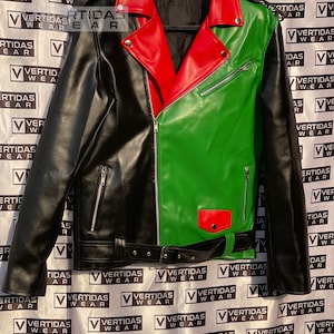 Color Block Faux Leather Biker Jacket: Red, Green & Black Moto Style