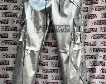Silber Metallic Cargohose, Cyberpunk Techwear, Gothic Streetwear Hose