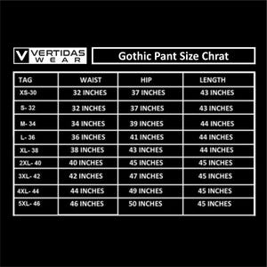 May include: A size chart for gothic pants, showing the waist, hip, and length measurements in inches for different sizes, from XS-30 to 5XL-46.
