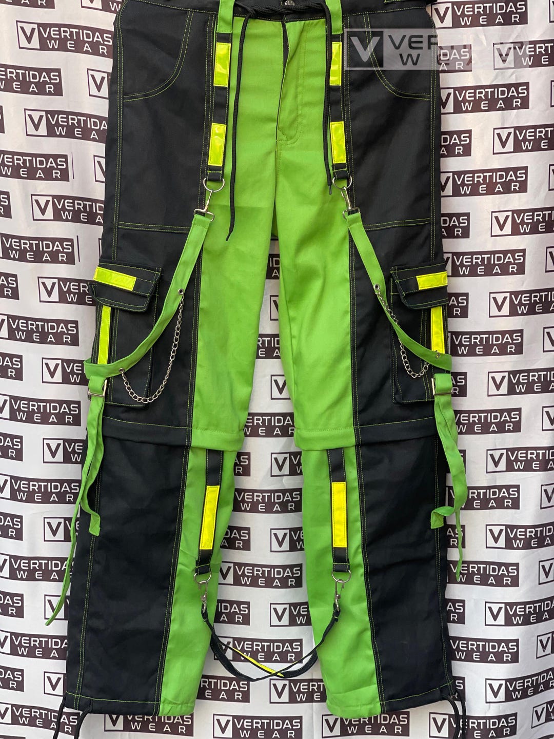 Handmade Cyberpunk Cargo Pants: Black & Neon Green Techwear Trousers ...