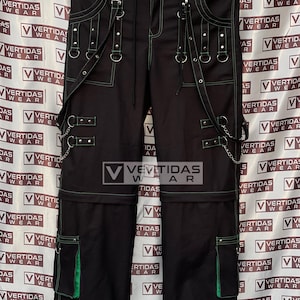 Handmade Gothic Black Cargo Pants: Cyberpunk Rave Style with Green Stitching