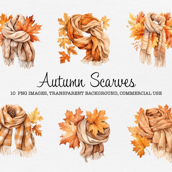 Autumn Scarves Clipart, Watercolor Autumn Clipart, Cozy Autumn Fashion Clipart, Cozy Fashion Clipart, Commercial Use Clipart