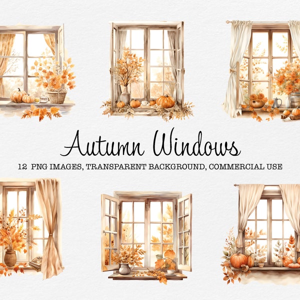 Autumn Windows Clipart, Watercolor Autumn Clipart, Autumn Decoration Clipart, Cozy Autumn PNG Clipart, Commercial Use Clipart PNG