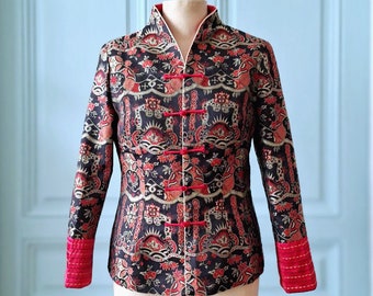 Veste en soie cheongsam asiatique noir rouge doré 38 40t