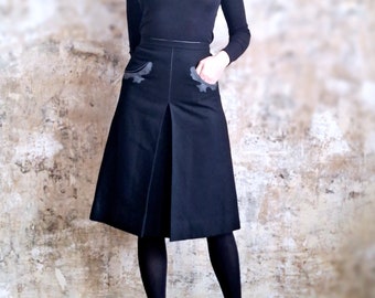 jupe en laine vintage noire taille haute avec détails en cuir 34 36