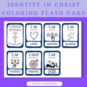 Identity in Christ Coloring Flash Card, Printable Scripture Cards,Bible Verse Affirmations,Sunday School Lesson, Scripture Activity for Kids