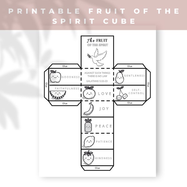 Printable Fruit of the Spirit Cube for Kids, Bible Coloring page Learning Sheet, Bible Verse Sunday School Activity, Scripture Craft