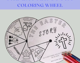 The Easter Story Bible Coloring Wheel, Printable Bible Activity, Bible Scripture Memory for Kids, Sunday School Lesson Craft, Coloring Wheel