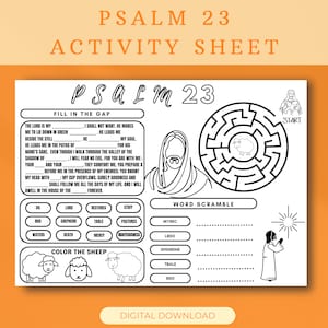 Psalm 23 Activity Sheet,Bible Story Activity Placemat,Bible Coloring Page Learning Sheet, Bible Verse Sunday School Activity,Prayer Activity