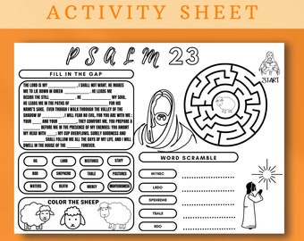Psalm 23 Activity Sheet,Bible Story Activity Placemat,Bible Coloring Page Learning Sheet, Bible Verse Sunday School Activity,Prayer Activity