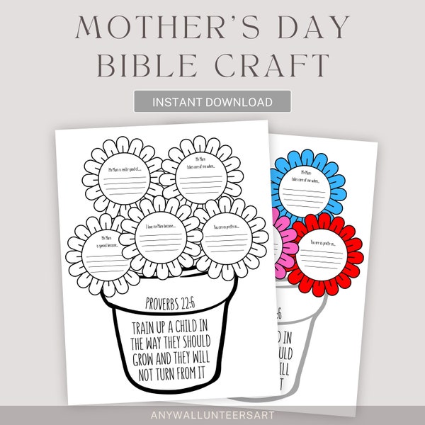 Mother's Day Craft Activities, Mother's Day Crafts and Keepsakes, Spring Flower Art, Bible Verse Sunday School Activity, Bible Coloring Page